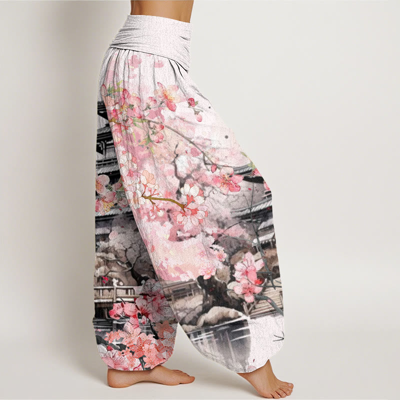Buddha Stones Cotton Pavilion Cherry Blossom Pattern Women's Elastic Waist Harem Pants - image 2