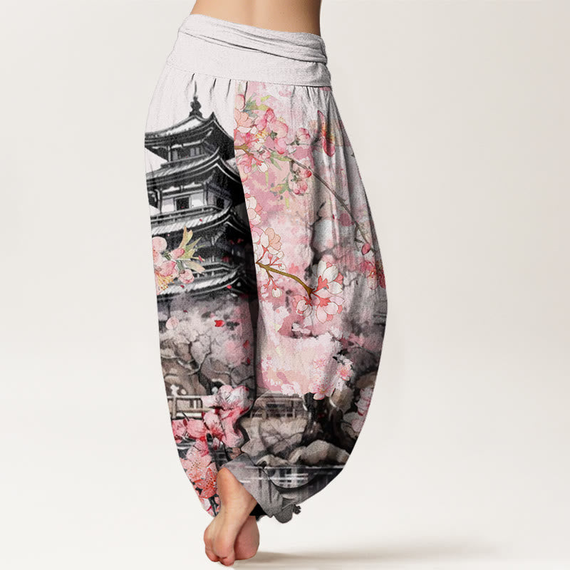 Buddha Stones Pavilion Cherry Blossom Pattern Women's Elastic Waist Harem Pants - image 1