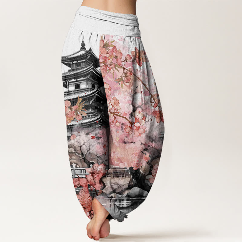 Buddha Stones Pavilion Cherry Blossom Pattern Women's Elastic Waist Harem Pants - image 5