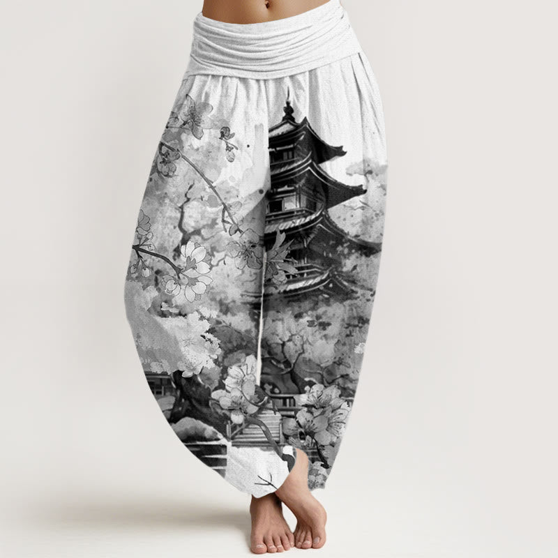 Buddha Stones Cotton Pavilion Cherry Blossom Pattern Women's Elastic Waist Harem Pants - WhiteSmoke - US22，UK/AU26，EU54 (6XL) - image 7
