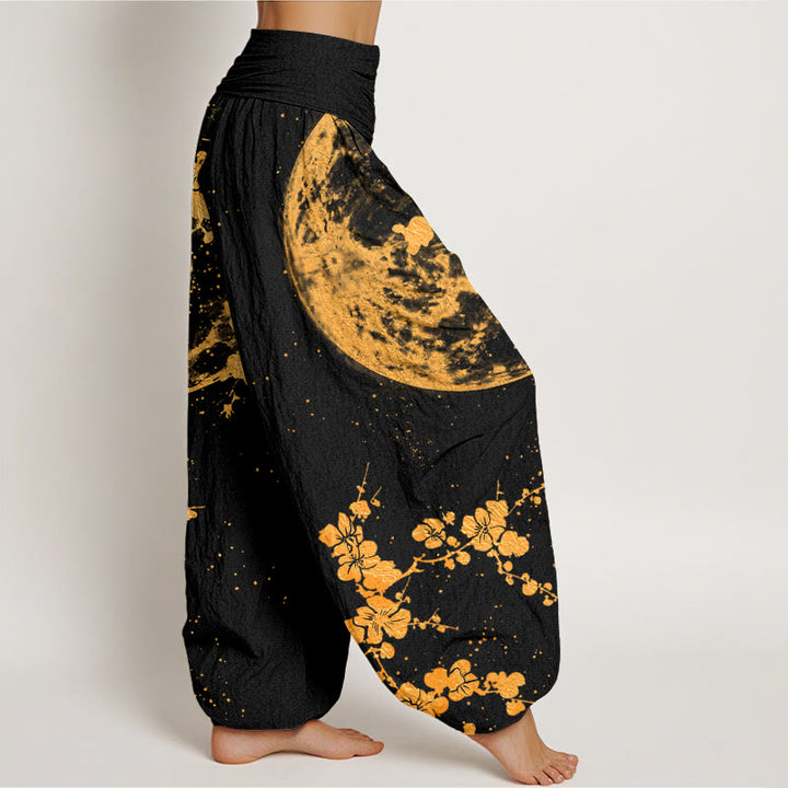 Buddha Stones Golden Plum Blossom Full Moon Pattern Women's Elastic Waist Harem Pants - image 2