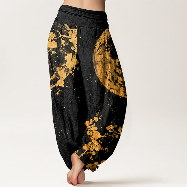 Buddha Stones Golden Plum Blossom Full Moon Pattern Women's Elastic Waist Harem Pants - image 1