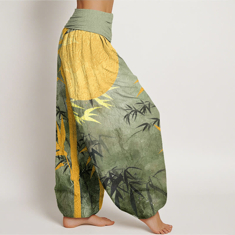 Buddha Stones Bamboo Leaves Full Moon Pattern Women's Elastic Waist Harem Pants - image 2