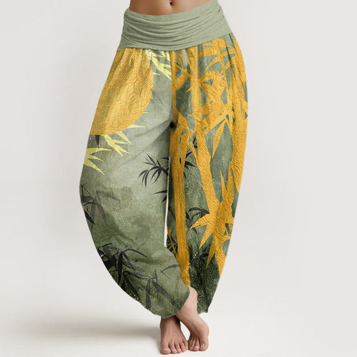 Buddha Stones Cotton Bamboo Leaves Full Moon Pattern Women's Elastic Waist Harem Pants - LightGreen - US22，UK/AU26，EU54 (6XL) - image 0