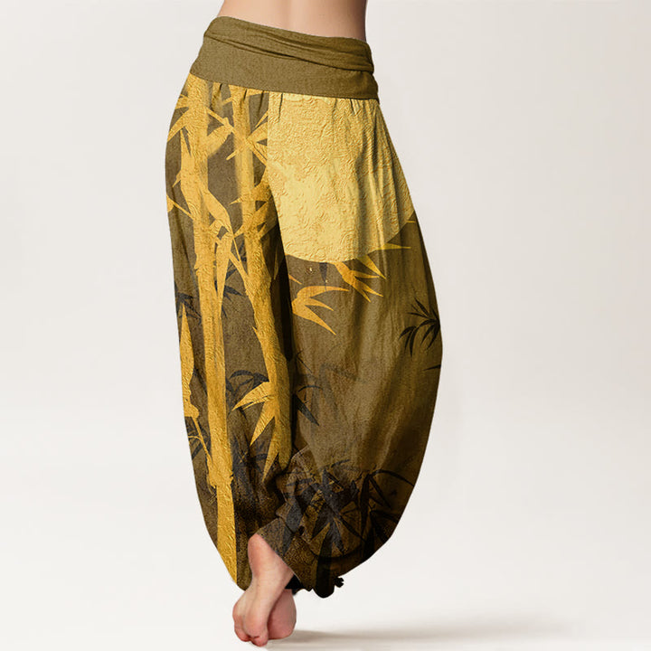 Buddha Stones Cotton Bamboo Leaves Full Moon Pattern Women's Elastic Waist Harem Pants - image 5
