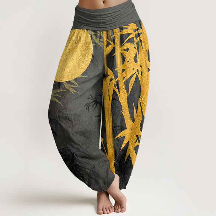 Buddha Stones Bamboo Leaves Full Moon Pattern Women's Elastic Waist Harem Pants - DarkSlateGray - US22，UK/AU26，EU54 (6XL) - image 7