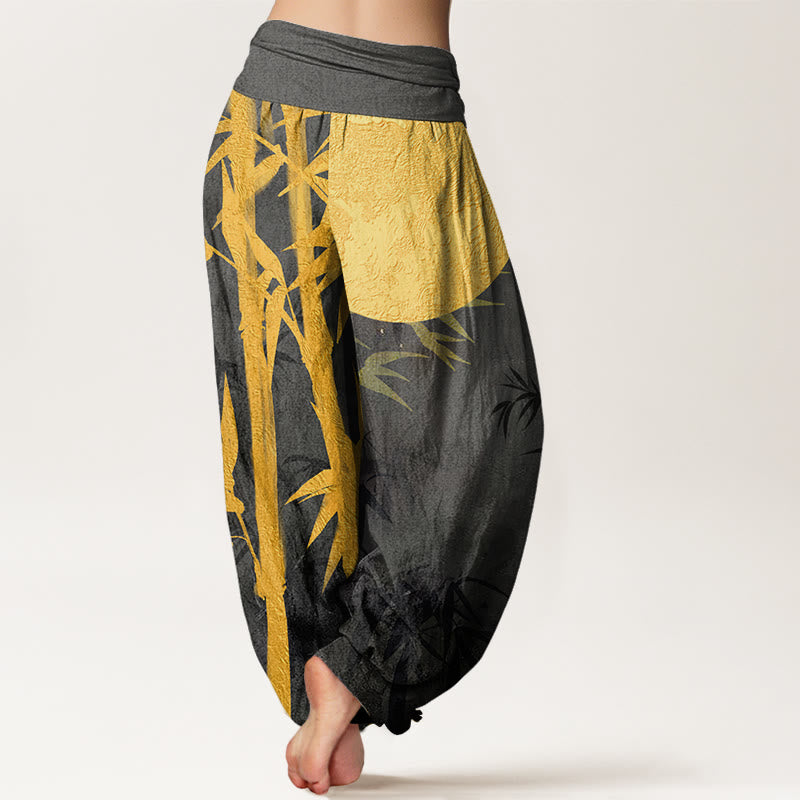 Buddha Stones Bamboo Leaves Full Moon Pattern Women's Elastic Waist Harem Pants - image 8