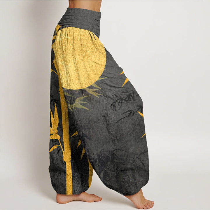 Buddha Stones Cotton Bamboo Leaves Full Moon Pattern Women's Elastic Waist Harem Pants - image 9
