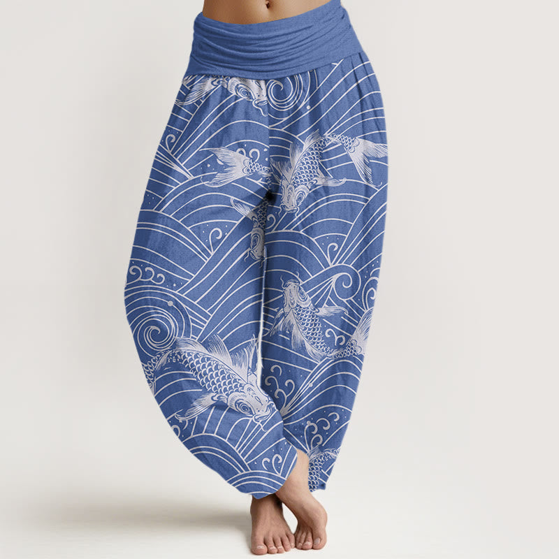 Buddha Stones Koi Fish Wave Pattern Women's Elastic Waist Harem Pants - RoyalBlue - US22，UK/AU26，EU54 (6XL) - image 0