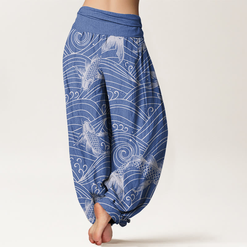 Buddha Stones Koi Fish Wave Pattern Women's Elastic Waist Harem Pants - image 1