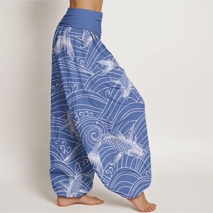 Buddha Stones Koi Fish Wave Pattern Women's Elastic Waist Harem Pants - image 2