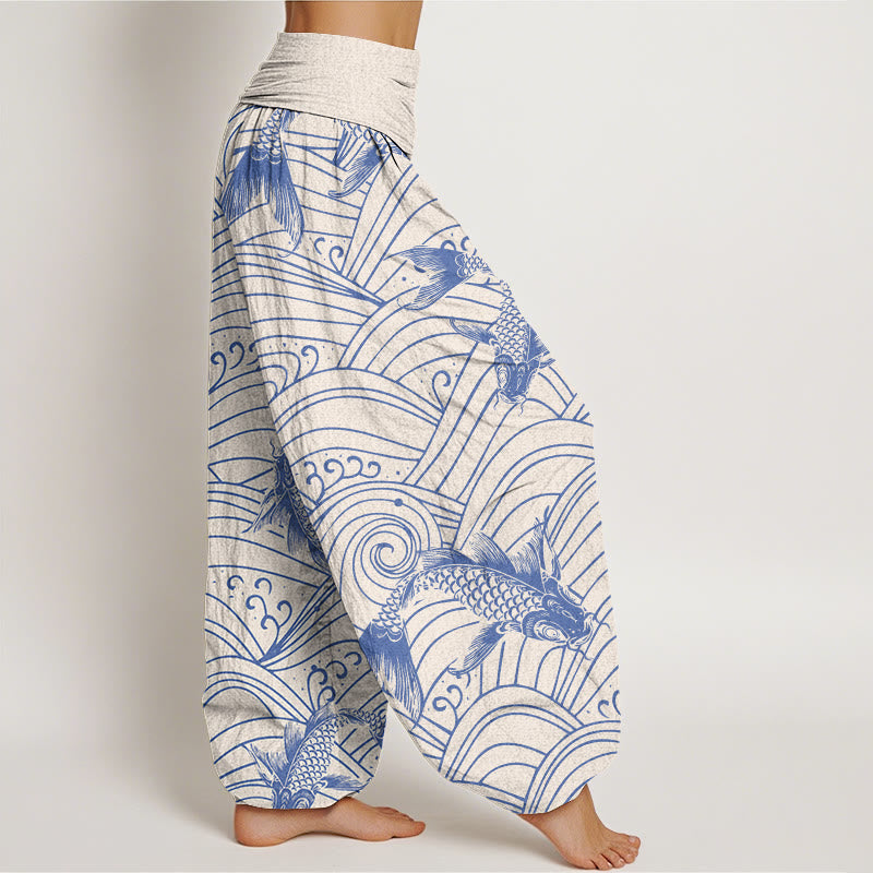 Buddha Stones Koi Fish Wave Pattern Women's Elastic Waist Harem Pants - image 6