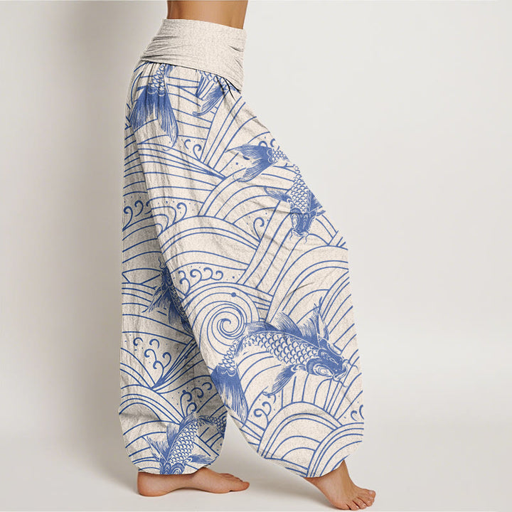 Buddha Stones Koi Fish Wave Pattern Women's Elastic Waist Harem Pants - image 6