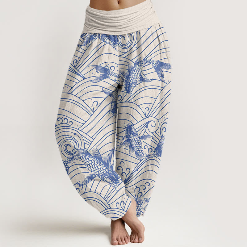 Buddha Stones Koi Fish Wave Pattern Women's Elastic Waist Harem Pants - Beige - US22，UK/AU26，EU54 (6XL) - image 4