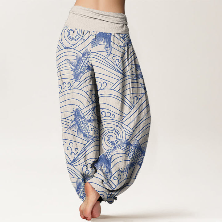 Buddha Stones Koi Fish Wave Pattern Women's Elastic Waist Harem Pants - image 5