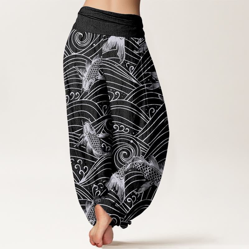 Buddha Stones Koi Fish Wave Pattern Women's Elastic Waist Harem Pants - image 8