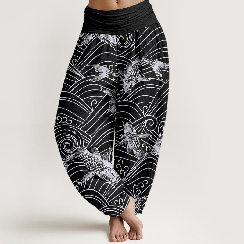 Buddha Stones Koi Fish Wave Pattern Women's Elastic Waist Harem Pants - Black - US22，UK/AU26，EU54 (6XL) - image 7