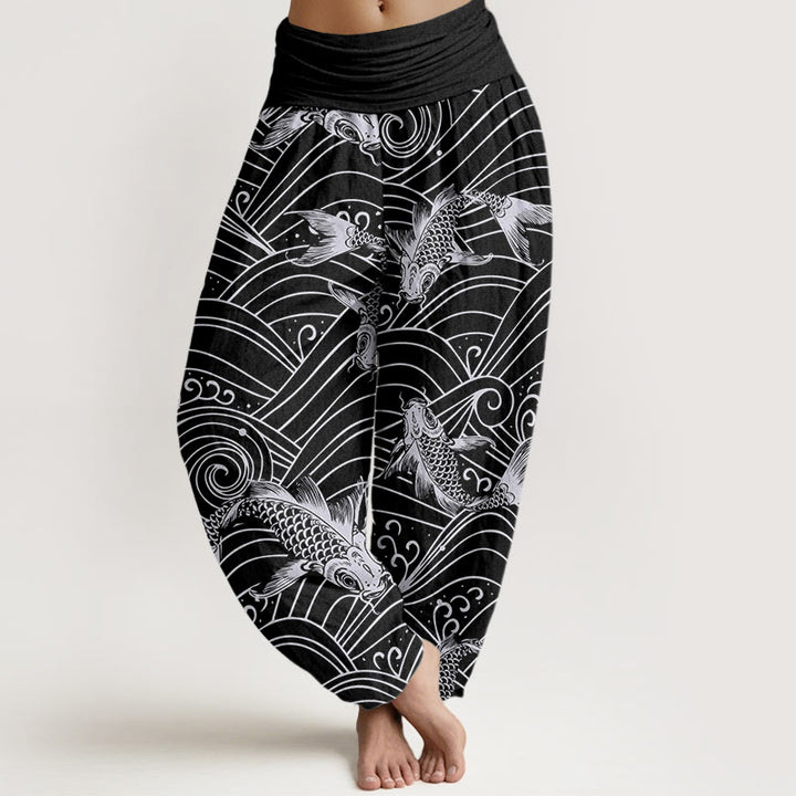 Buddha Stones Koi Fish Wave Pattern Women's Elastic Waist Harem Pants - Black - US22，UK/AU26，EU54 (6XL) - image 7