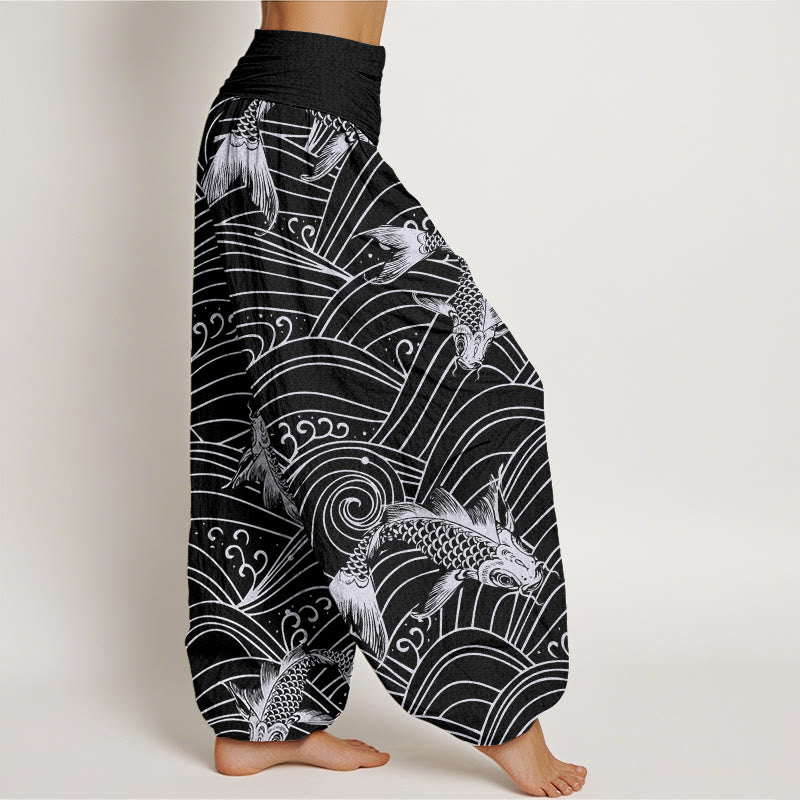 Buddha Stones Koi Fish Wave Pattern Women's Elastic Waist Harem Pants - image 9