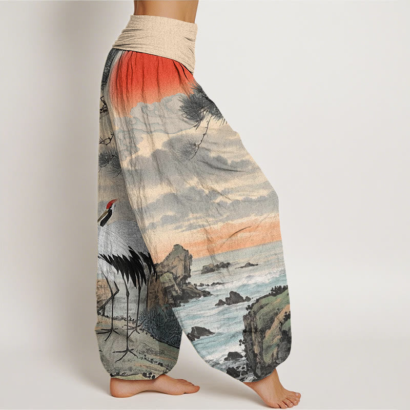 Buddha Stones Casual Red-Crowned Crane Sun Tree Pattern Women's Elastic Waist Harem Pants - image 2