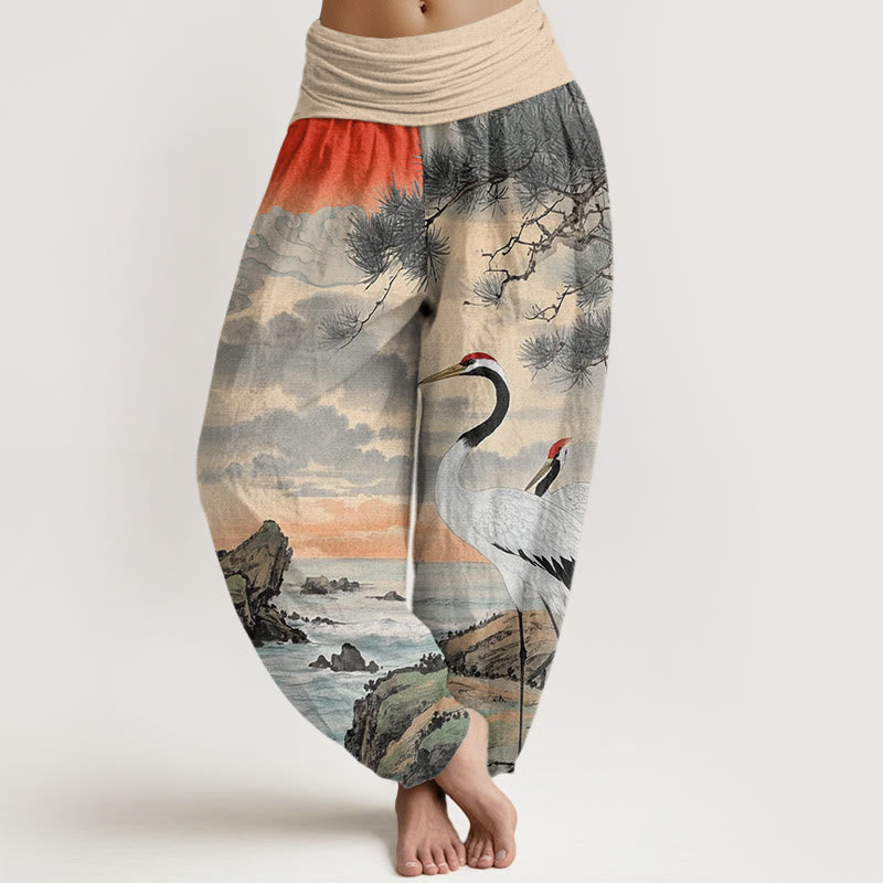 Buddha Stones Casual Red-Crowned Crane Sun Tree Pattern Women's Elastic Waist Harem Pants - PaleGoldenrod - US22，UK/AU26，EU54 (6XL) - image 0