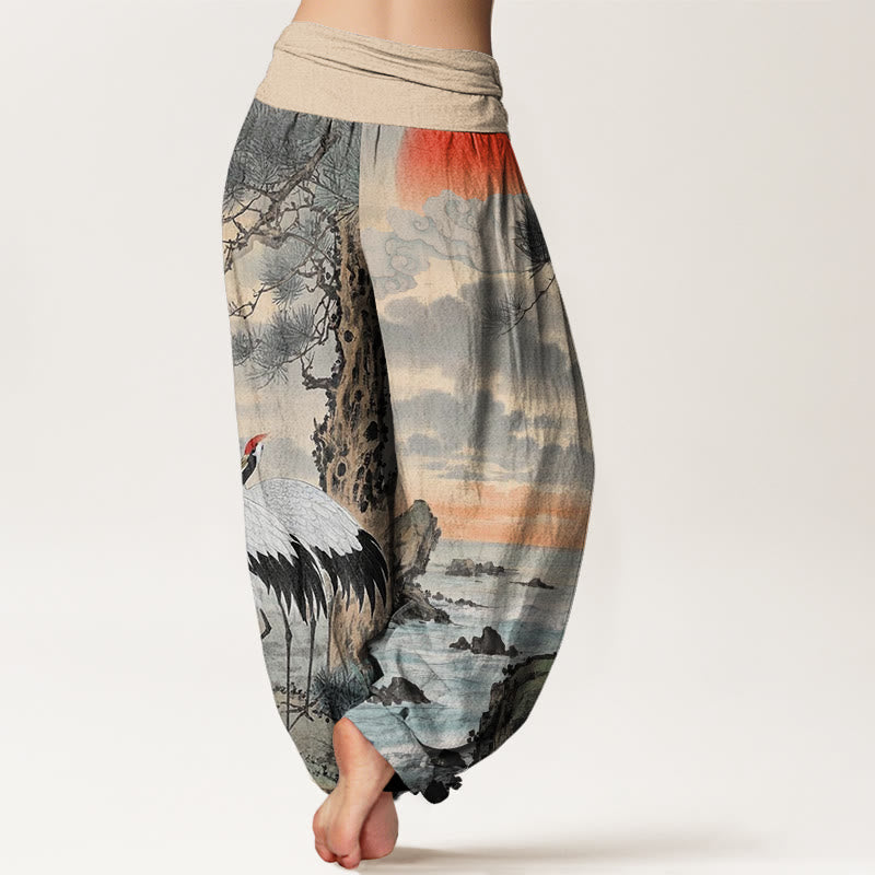 Buddha Stones Casual Red-Crowned Crane Sun Tree Pattern Women's Elastic Waist Harem Pants - image 1