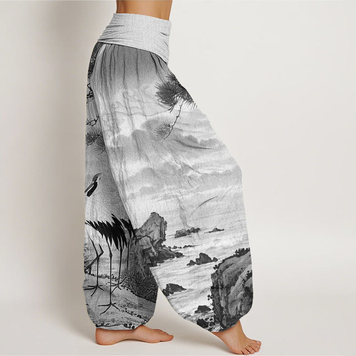 Buddha Stones Casual Red-Crowned Crane Sun Tree Pattern Women's Elastic Waist Harem Pants - image 6