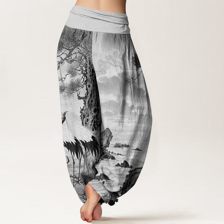 Buddha Stones Casual Red-Crowned Crane Sun Tree Pattern Women's Elastic Waist Harem Pants - image 5