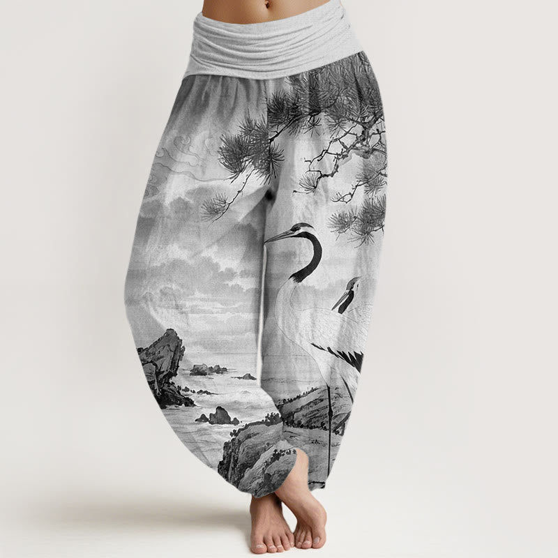 Buddha Stones Casual Red-Crowned Crane Sun Tree Pattern Women's Elastic Waist Harem Pants - LightGrey - US22，UK/AU26，EU54 (6XL) - image 4