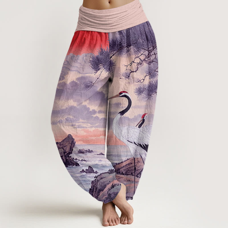 Buddha Stones Casual Red-Crowned Crane Sun Tree Pattern Women's Elastic Waist Harem Pants - LightPink - US22，UK/AU26，EU54 (6XL) - image 7