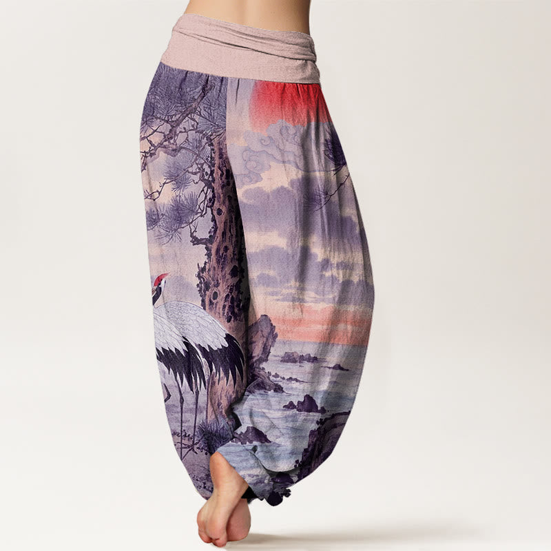 Buddha Stones Casual Red-Crowned Crane Sun Tree Pattern Women's Elastic Waist Harem Pants - image 8