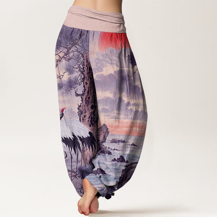 Buddha Stones Casual Red-Crowned Crane Sun Tree Pattern Women's Elastic Waist Harem Pants - image 8