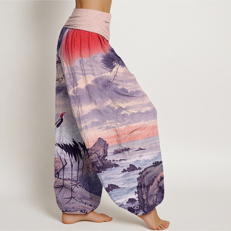 Buddha Stones Casual Red-Crowned Crane Sun Tree Pattern Women's Elastic Waist Harem Pants - image 9