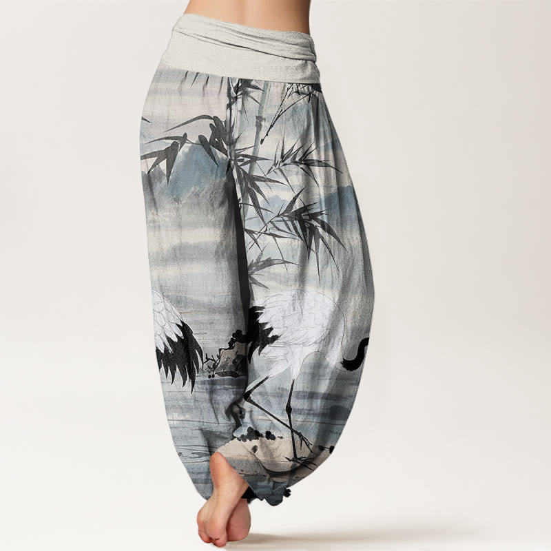 Buddha Stones Casual Red-Crowned Crane Bamboo Leaves Mountain Pattern Women's Elastic Waist Harem Pants - image 1