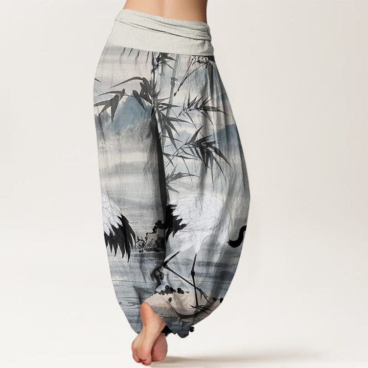 Buddha Stones Casual Red-Crowned Crane Bamboo Leaves Mountain Pattern Women's Elastic Waist Harem Pants - image 1