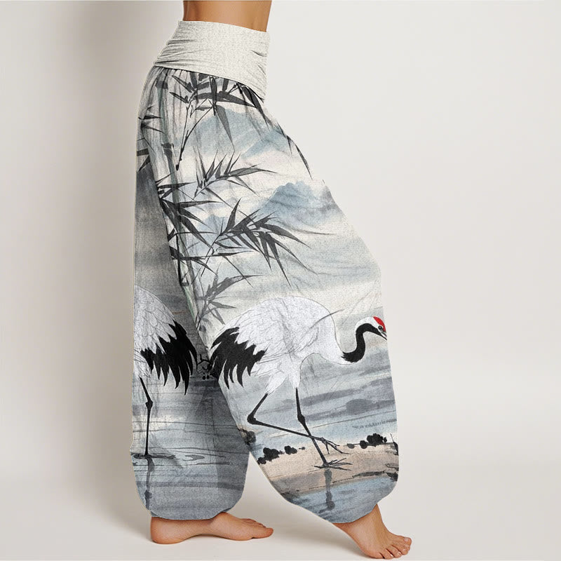 Buddha Stones Casual Red-Crowned Crane Bamboo Leaves Mountain Pattern Women's Elastic Waist Harem Pants - image 2
