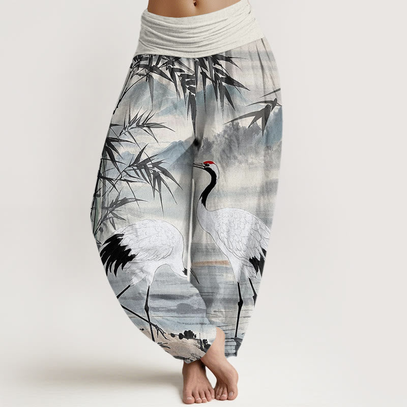 Buddha Stones Casual Red-Crowned Crane Bamboo Leaves Mountain Pattern Women's Elastic Waist Harem Pants - WhiteSmoke - US22，UK/AU26，EU54 (6XL) - image 0