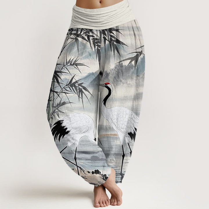 Buddha Stones Casual Red-Crowned Crane Bamboo Leaves Mountain Pattern Women's Elastic Waist Harem Pants - WhiteSmoke - US22，UK/AU26，EU54 (6XL) - image 0