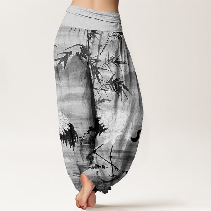 Buddha Stones Casual Red-Crowned Crane Bamboo Leaves Mountain Pattern Women's Elastic Waist Harem Pants - image 5