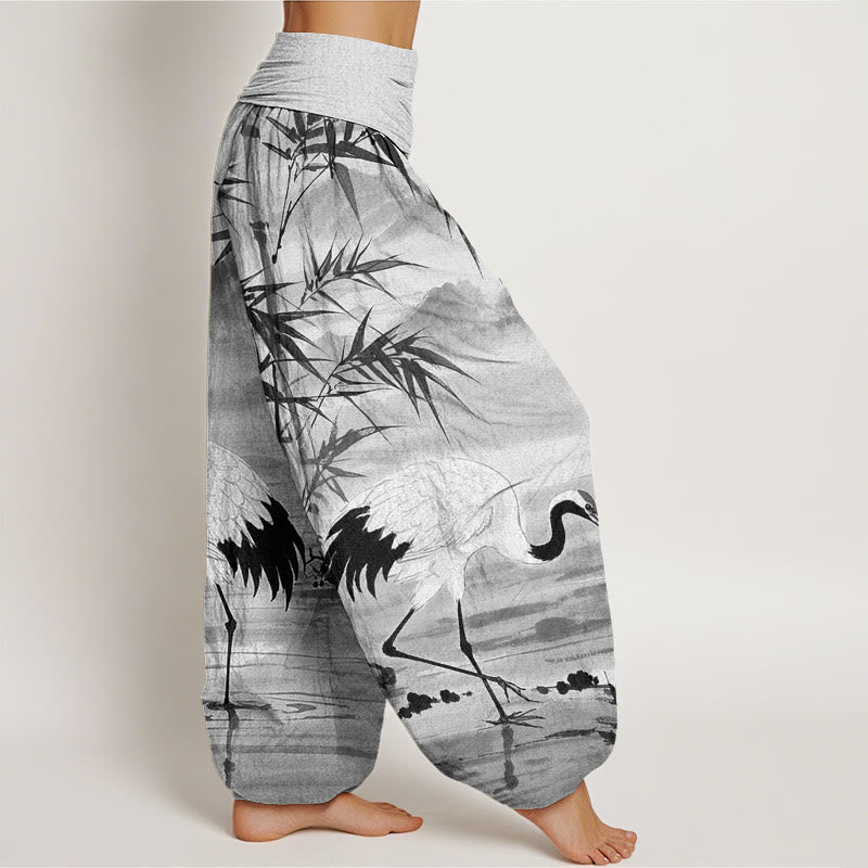 Buddha Stones Casual Red-Crowned Crane Bamboo Leaves Mountain Pattern Women's Elastic Waist Harem Pants - image 6