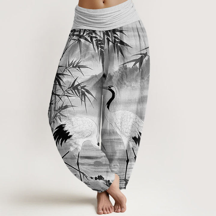 Buddha Stones Casual Red-Crowned Crane Bamboo Leaves Mountain Pattern Women's Elastic Waist Harem Pants - Silver - US22，UK/AU26，EU54 (6XL) - image 4