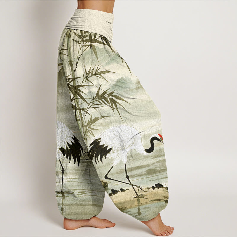 Buddha Stones Casual Red-Crowned Crane Bamboo Leaves Mountain Pattern Women's Elastic Waist Harem Pants - image 9