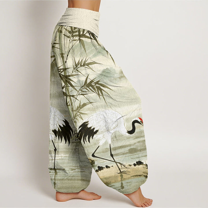 Buddha Stones Casual Red-Crowned Crane Bamboo Leaves Mountain Pattern Women's Elastic Waist Harem Pants - image 9