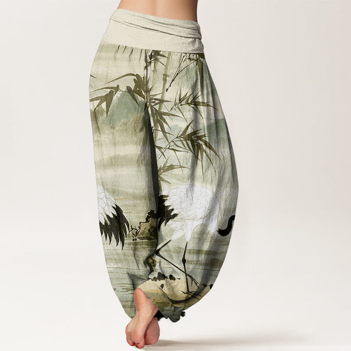 Buddha Stones Casual Red-Crowned Crane Bamboo Leaves Mountain Pattern Women's Elastic Waist Harem Pants - image 8