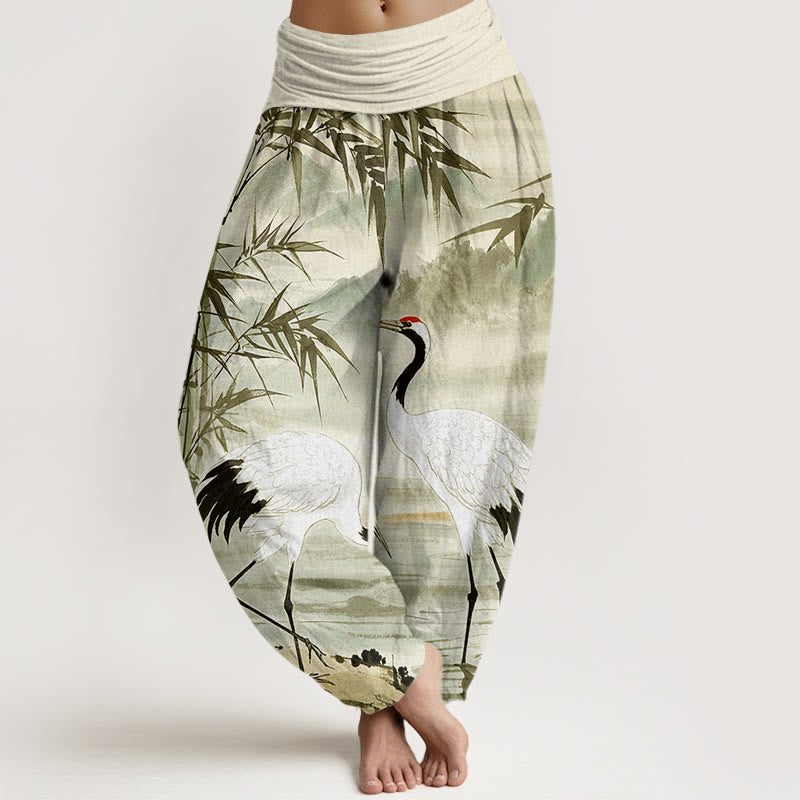 Buddha Stones Casual Red-Crowned Crane Bamboo Leaves Mountain Pattern Women's Elastic Waist Harem Pants - PaleGreen - US22，UK/AU26，EU54 (6XL) - image 7