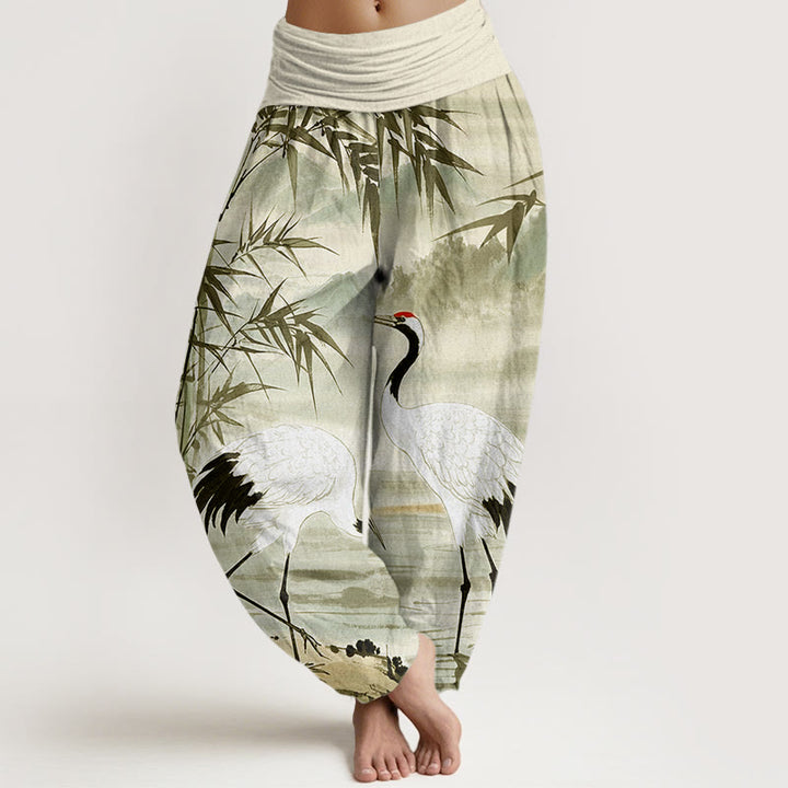 Buddha Stones Casual Red-Crowned Crane Bamboo Leaves Mountain Pattern Women's Elastic Waist Harem Pants - PaleGreen - US22，UK/AU26，EU54 (6XL) - image 7
