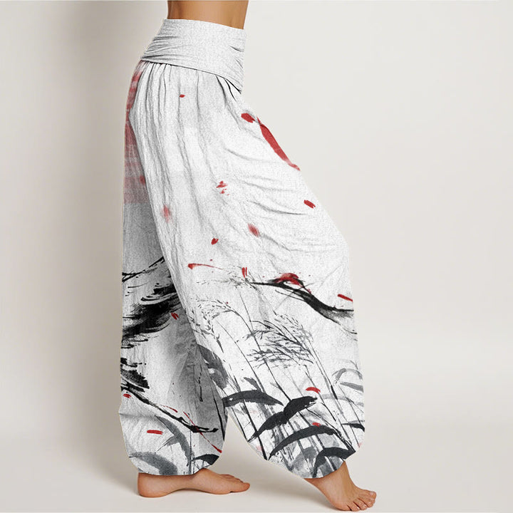 Buddha Stones Cotton Casual Red-crowned Reed Sun Crane Pattern Women's Elastic Waist Harem Pants - image 2