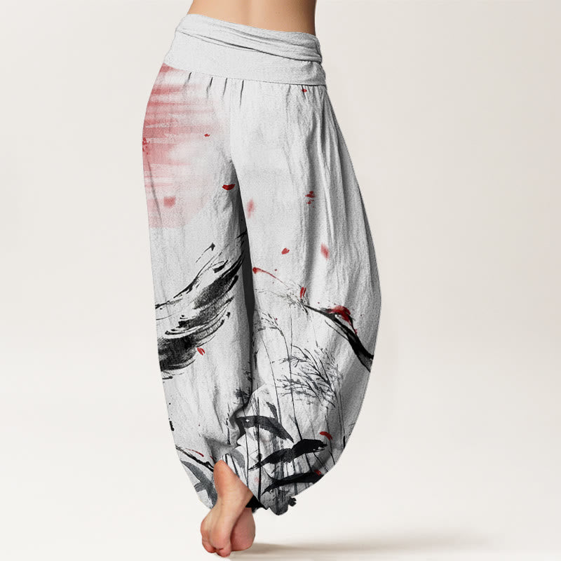 Buddha Stones Cotton Casual Red-crowned Reed Sun Crane Pattern Women's Elastic Waist Harem Pants - image 1