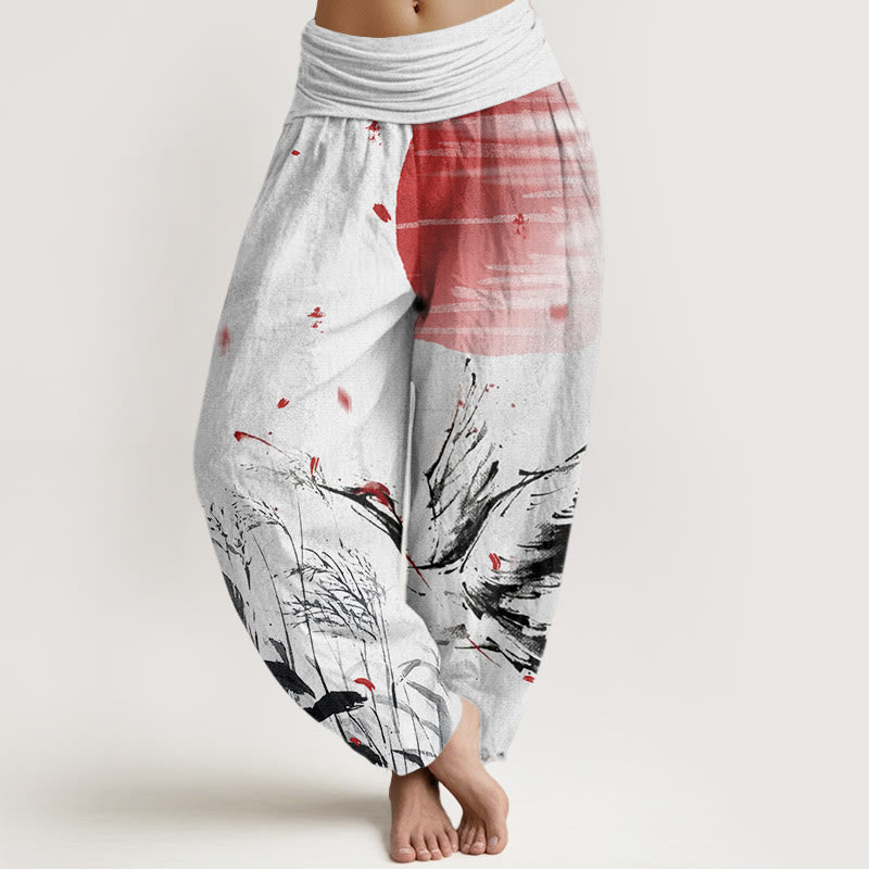 Buddha Stones Casual Red-crowned Reed Sun Crane Pattern Women's Elastic Waist Harem Pants - GhostWhite - US22，UK/AU26，EU54 (6XL) - image 0