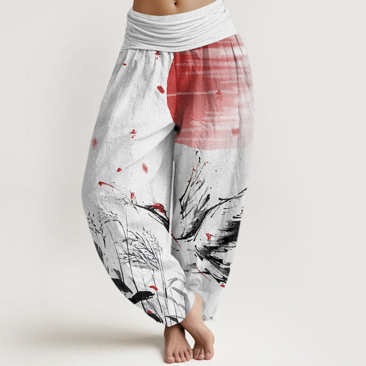 Buddha Stones Casual Red-crowned Reed Sun Crane Pattern Women's Elastic Waist Harem Pants - GhostWhite - US22，UK/AU26，EU54 (6XL) - image 0